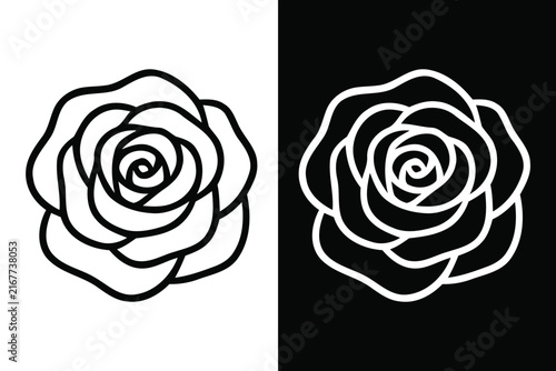 Elegant rose outline in black and white contrasting backgrounds for design elements