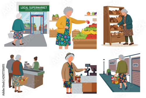 Фотография Senior Woman Grocery Shopping at Local Supermarket Flat Illustration Set