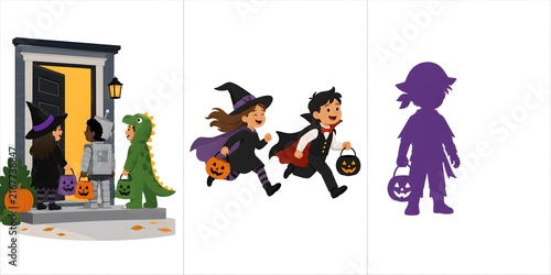 Halloween trick or treat kids, children in costumes, spooky holiday celebration
