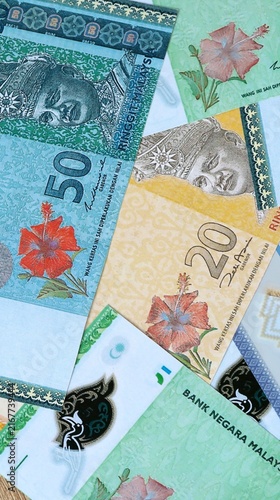 Obraz na plátně Malaysian ringgit money bills in pile on table