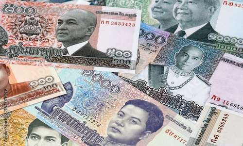 Photography Cambodian riel money bills in pile on table