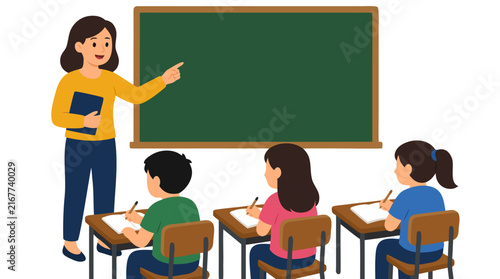 Flat vector illustration of a female teacher pointing at a green chalkboard while three students write answers in notebooks at wooden desks, classroom education scene, bold colors