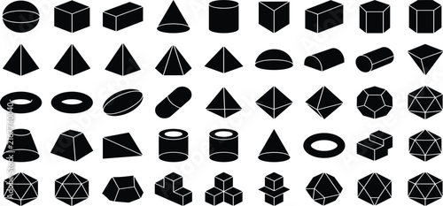 Canvastavla 3D Geometric Shapes Polyhedron Solid Black Silhouette Vector Set