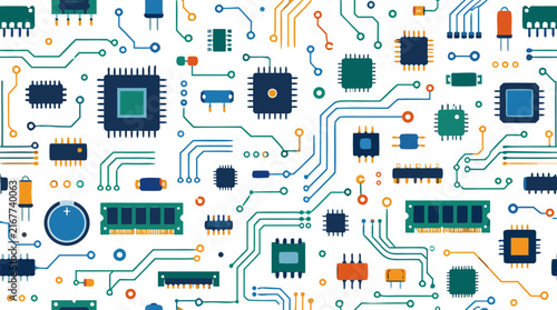 Seamless motherboard technology pattern with colorful electronic chips, circuit traces, capacitors, resistors, and microprocessors on a clean white background