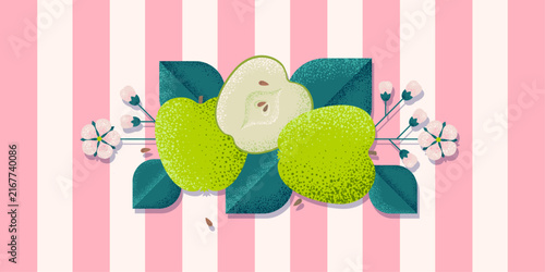 Fresh green apples, leaves and blossoms on a pink striped background. Decorative fruit composition for posters, wallpapers, textile, advertising, label or packaging.
