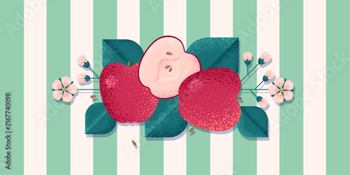 Fresh red apples, leaves and blossoms on a green striped background. Decorative fruit composition for posters, wallpapers, textile, advertising, label or packaging.
