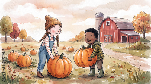 Children harvesting pumpkins in autumn field near red barn, diverse kids enjoying outdoor play