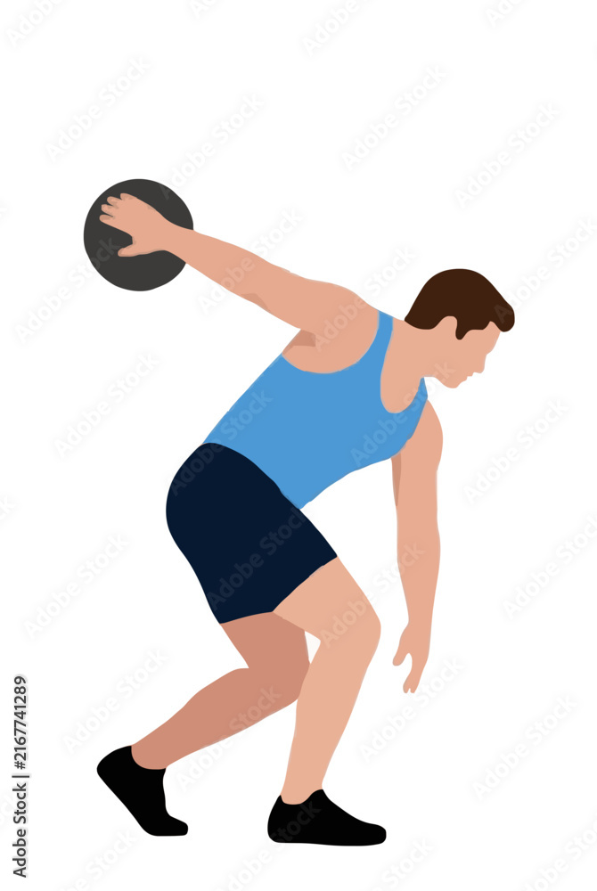 Fototapeta premium Flat vector illustration of a male athlete in blue tank top and navy shorts spinning and throwing a discus, dynamic track and field action graphic icon, isolated on white background