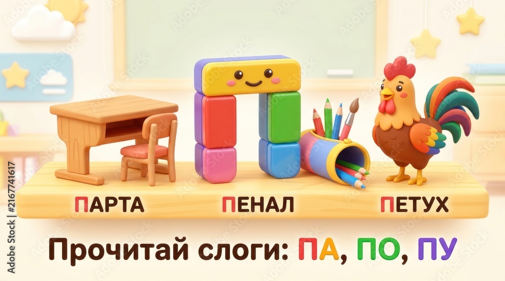Fototapeta premium Colorful illustration for 1st grade Russian textbook featuring desk, blocks, rooster, and pencil case