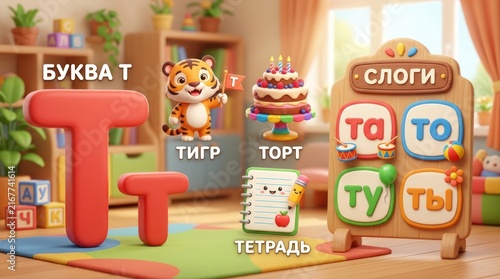 Colorful illustration for 1st grade Russian textbook featuring letter T with objects and characters
