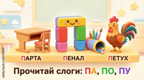Colorful illustration for 1st grade Russian textbook featuring desk, blocks, rooster, and pencil case