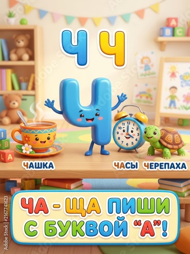 Colorful illustration for Russian 1st grade textbook featuring playful letters and objects for learning