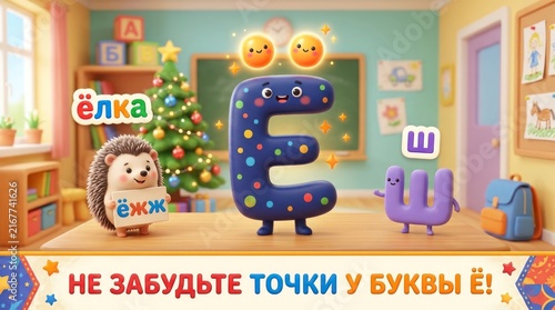 Colorful illustration for 1st grade Russian textbook featuring letters and characters in classroom setting