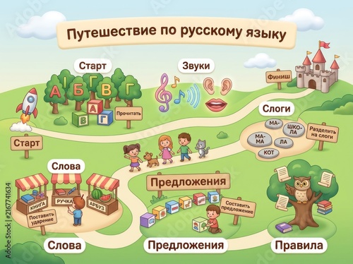 Colorful illustration for first-grade Russian language textbook featuring learning elements and characters
