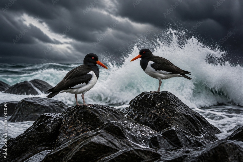 Fototapeta premium Oystercatchers standing on wet rocks amid rough sea