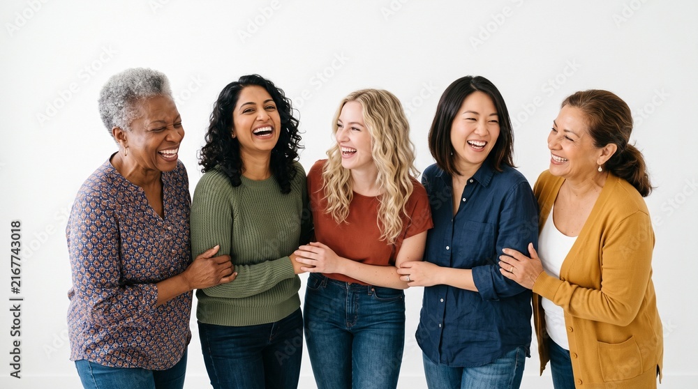 Fototapeta premium Diverse group of women laughing together in a studio setting