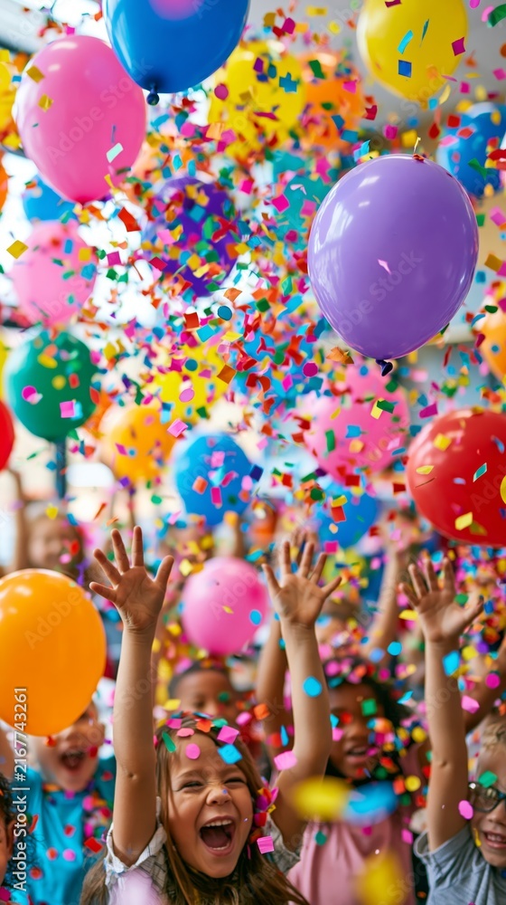 Fototapeta premium Joyful children celebrating with colorful balloons and confetti, hands raised in excitement, vibrant party atmosphere, bright cheerful colors.