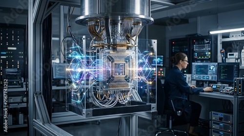 Obraz na płótnie Quantum computer processor unit with glowing light data streams inside a glass casing, monitored by a scientist in a dark laboratory