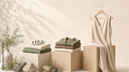 Minimalist product photography style featuring folded linen garments and neutral dress in calm natural light setting with organic home decor theme for sustainable fashion branding