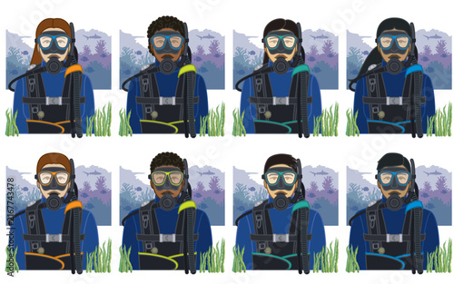 diversity, race, ethnicity of scuba diving diver vector icons, male and female, wearing diving suit and mask with breathing equipment, isolated on a white background