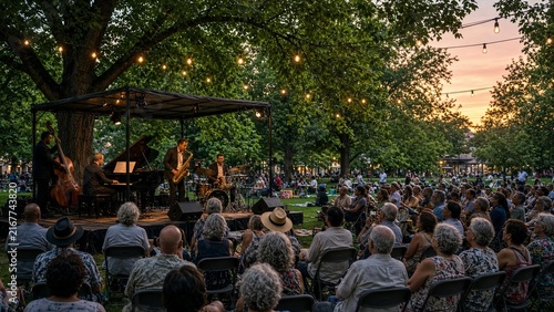 Candid documentary photography capturing live jazz band performance at outdoor summer evening concert with audience at park setting under warm string lights sky vibrant cultural event atmosphere