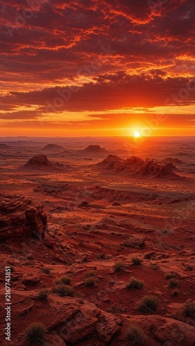 Vertical scenic desert landscape photograph capturing vibrant orange sunset over rugged terrain with dramatic sky for travel destination marketing and inspirational decor