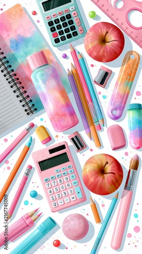 Colorful school supplies including pencils, calculators, apples, notebooks, and water bottles arranged on a bright white background with playful splatters.