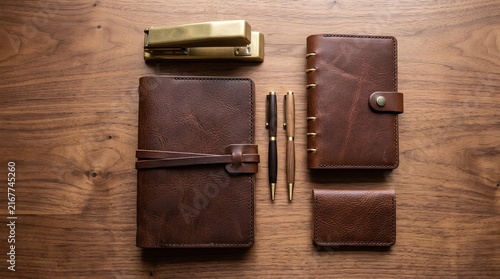 Flat lay of vintage brown leather notebook, matching planner, brass stapler, leather card holder and two pens on rustic wooden desk, warm workspace still life arrangement