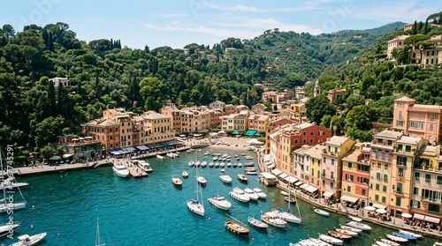 Aerial view of Portofino harbor on Italian Riviera with pastel-colored buildings clustered along a turquoise marina filled with yachts and boats in summer