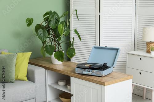 Houseplant and record player with vinyl disk on commode in living room