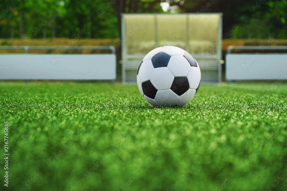 Naklejka premium textured soccer game field with ball in front of the soccer goal. - center, midfield