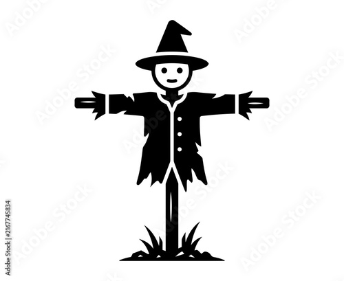 Bild auf Leinwand Scarecrow silhouette icon with witch hat standing in field grass farm scarecrow
