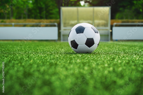 textured soccer game field with ball in front of the soccer goal. - center, midfield