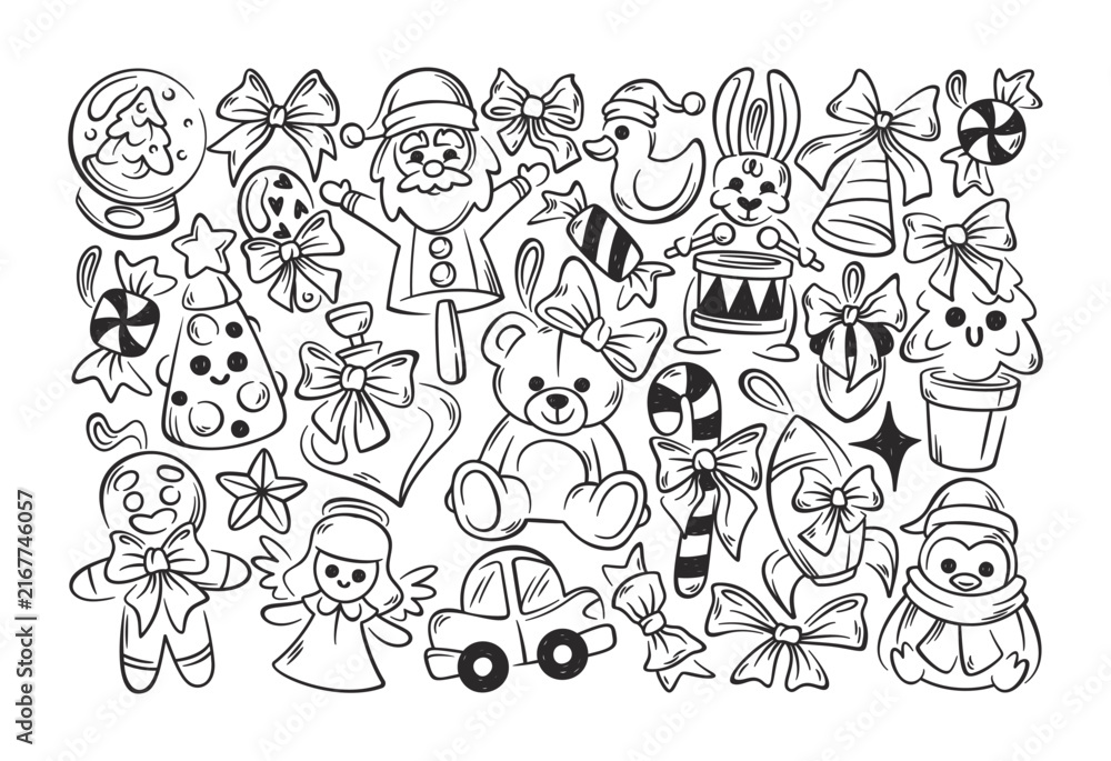 Fototapeta premium Christmas Toys Doodle Set Line Art