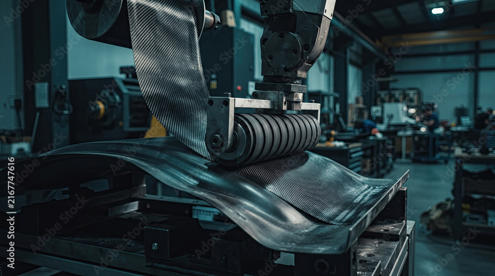 Fototapeta premium Robotic arm applying carbon fiber composite sheet to curved mold