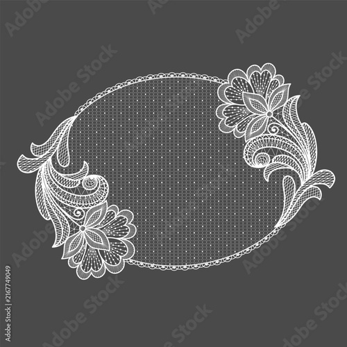 Lace decoration element.White lace flowers frame tamplate..Vector handmade white lace branches with flowers.