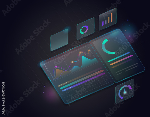 Futuristic dashboard data visualization analytics glowing chart digital interface neon color technology modern UI abstract background