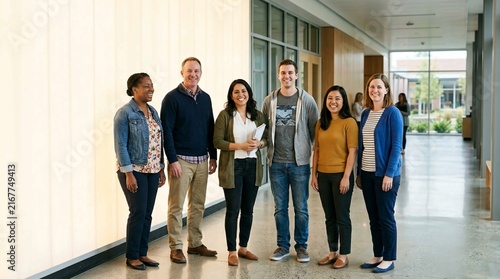 Diverse group of six smiling teachers standing together in a modern, sunlit school corridor with large windows and contemporary architecture, conveying teamwork and education