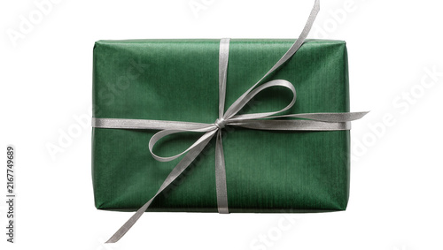 Quadro su tela Rectangular green gift box with silver ribbon bow, isolated on transparent backg