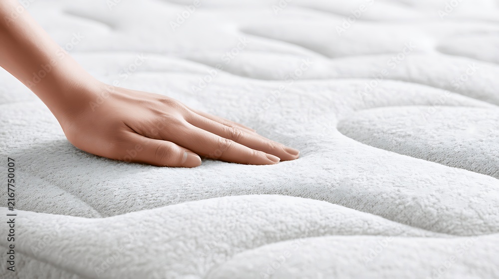 Naklejka premium A person touching the soft texture of a premium white mattress. Perfect for showcasing comfort and quality in bedding marketing materials.