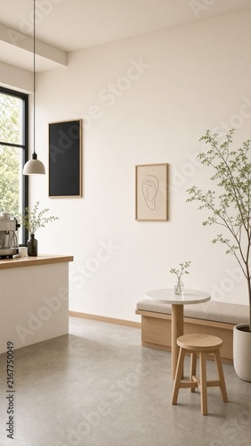 Vertical minimalist Scandinavian interior with natural wood accents and houseplants in serene modern cafe setting for cozy urban lifestyle inspiration