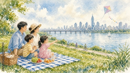 Watercolor family picnic scene by riverside featuring children pointing and kite flying with urban skyline backdrop highlighting outdoor leisure in city park illustration