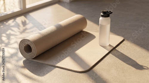 Minimalist fitness mat and water bottle in warm sunlight, serene workout lifestyle setup, calm wellness inspiration, healthy exercise preparation, peaceful home training environment