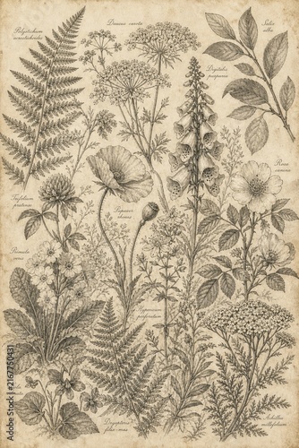 Vintage botanical illustration of various wildflowers and ferns on aged paper