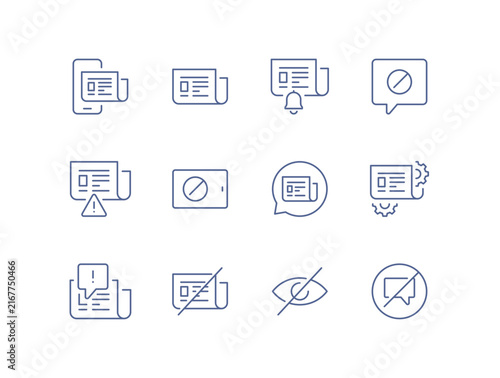 News notification icons set, line art media alert symbols, including blocked article, comment bubble and disabled bell isolated on white background flat vector illustration.
