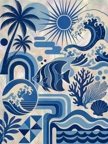 Stylized tropical scene with waves palm trees fish and sun in blue tones