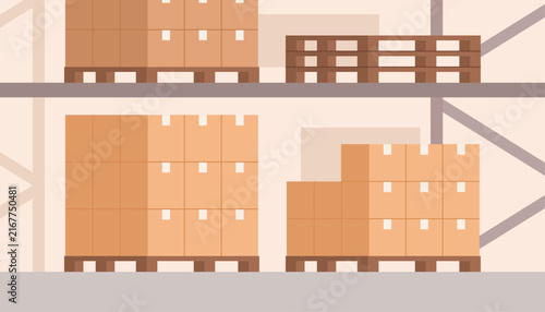 Warehouse storage illustration, line art wooden pallets and cardboard boxes, logistics and distribution, industrial inventory management, supply chain and shipping warehouse flat vector illustration.