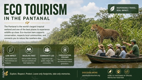 Ecotourism promotional design with jaguar observation in Pantanal wetland showcasing responsible travel concept and wildlife conservation message for travel enthusiasts