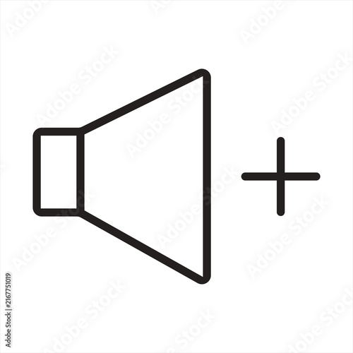 Foto Black outline icon of a speaker amplifier with plus sign for volume up control a