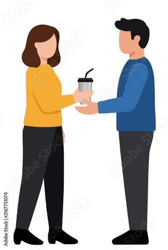 Hand-drawn vector icon of a woman handing over a reusable eco-friendly coffee cup to a man, depicting sustainable customer service and zero-waste lifestyle concept illustration